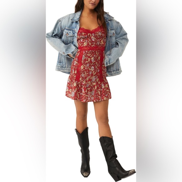 Free People Intimately Last Night Mini Nightgown Slipdress Cherry Combo - Picture 3 of 9